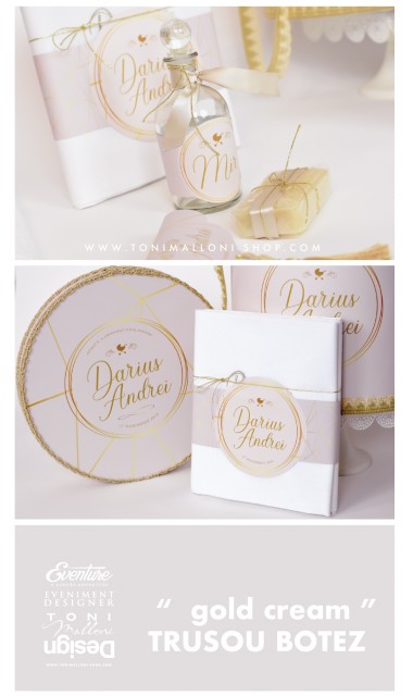 Trusou de botez pentru baieti cu broderie eleganta personalizata, Gold Cream 6
